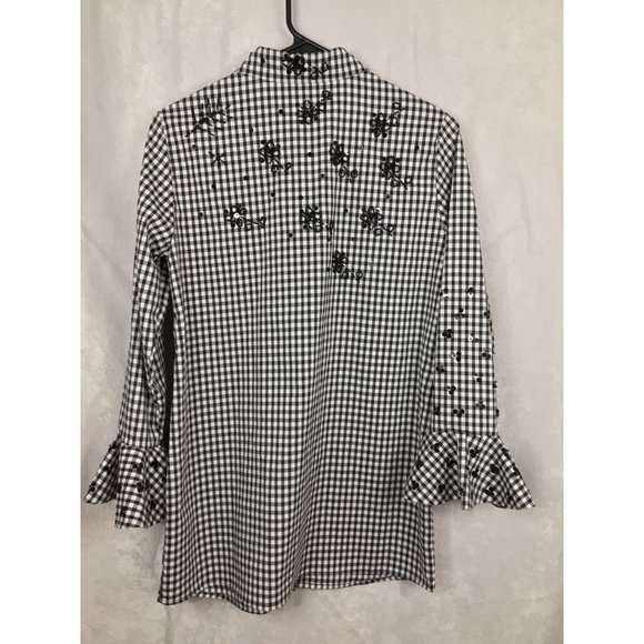 Insight Women's Small Button Down Long Sleeve Checkered Bell Sleeves Embellished - Picture 9 of 11